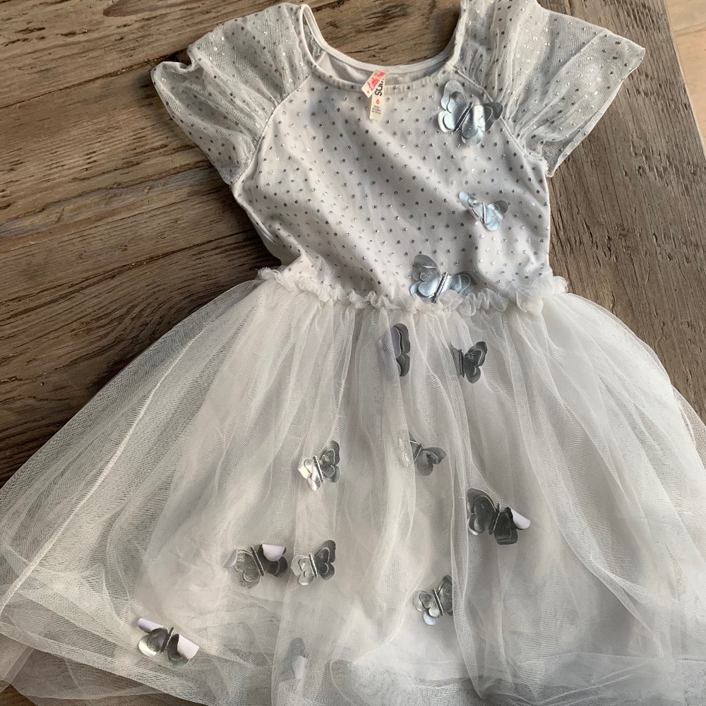 Cotton On Girls White with Silver Butterfly Dress
